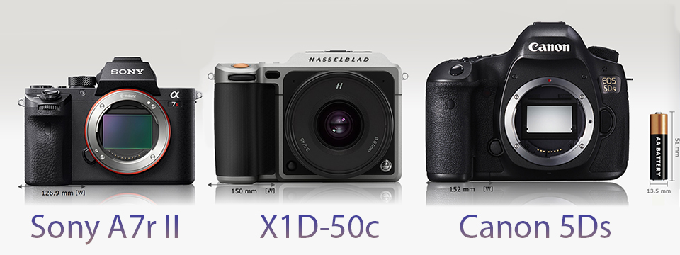 So sánh kích thước thân máy ảnh Hasselblad X1D-50c với Pentax 645D, Sony A7r II, Canon 5Ds và Leica SL