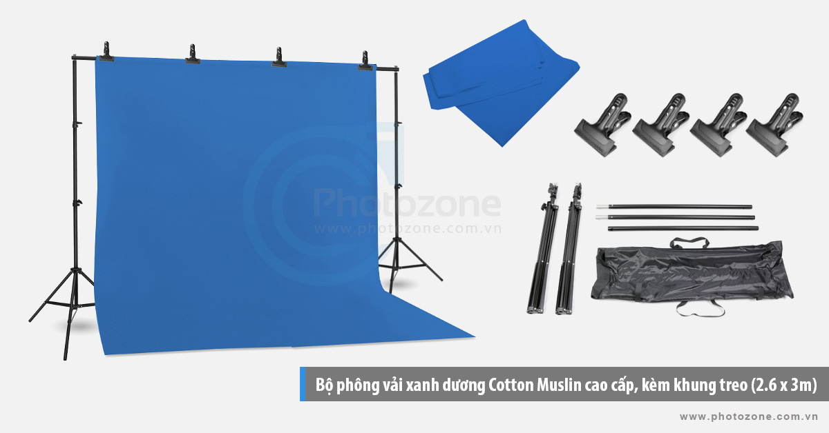 Bộ phông vải chụp ảnh thẻ xanh dương (3 x 4m) Cotton Muslin cao cấp, kèm khung treo (3 x 2.6m)