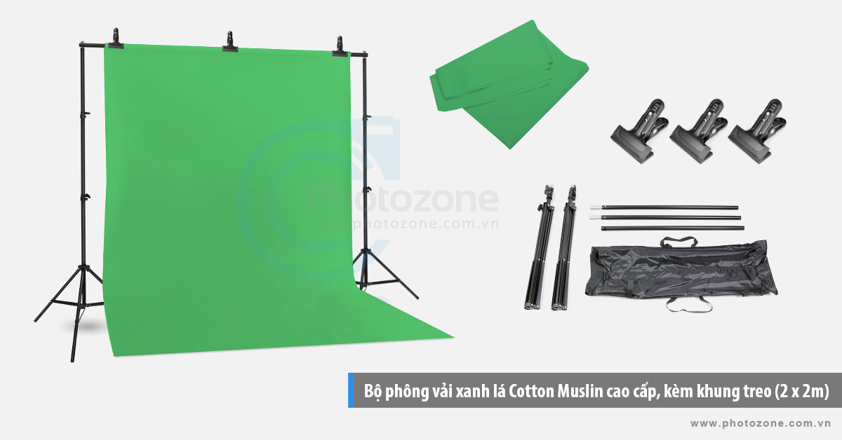 Bộ phông vải quay phim xanh lá (1.8 x 2.9m) Cotton Muslin cao cấp, kèm khung treo (2 x 2m)