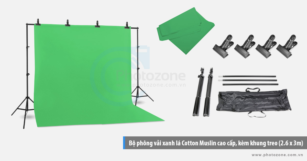 Bộ phông vải quay phim xanh lá (3 x 5m) Cotton Muslin cao cấp, kèm khung treo (3 x 2.6m)