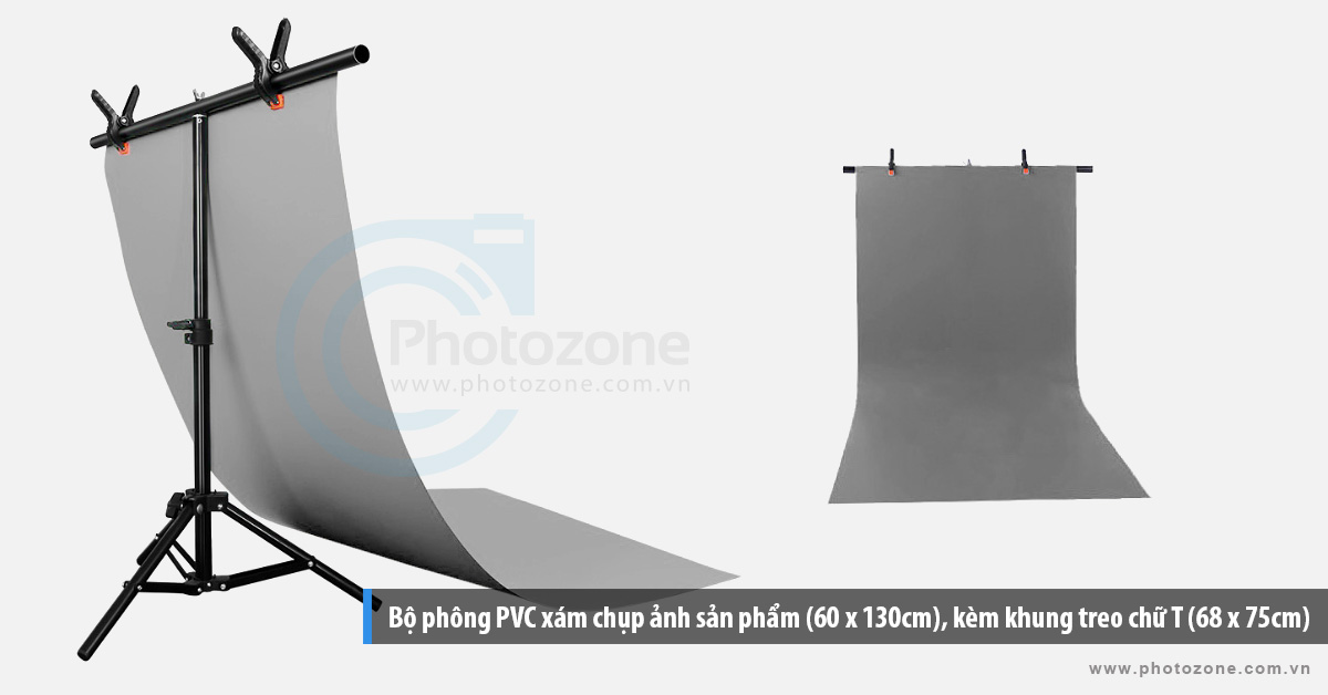 Bộ phông PVC xám chụp ảnh sản phẩm (60 x 130cm), kèm khung treo chữ T (68 x 75cm)