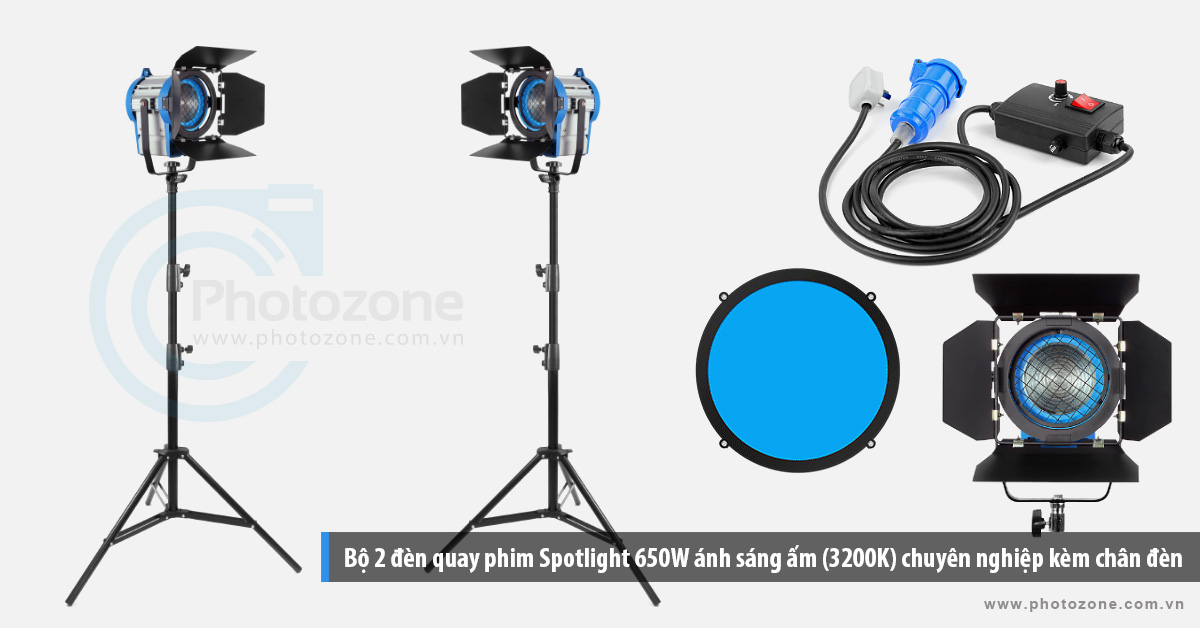 Bộ 2 đèn quay phim Spotlight 650Wx2 ánh sáng ấm (3200K) chuyên nghiệp kèm chân đèn 3m